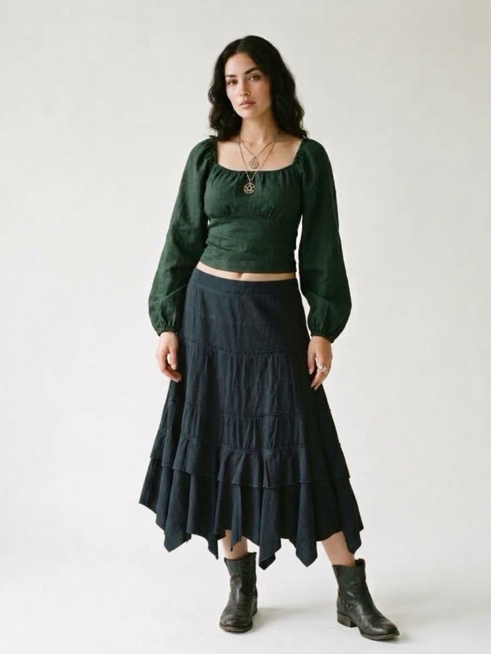 Tiered Linen Midi Skirt Size 14 Navy Blue Handkerchief Hem Witchy Boho